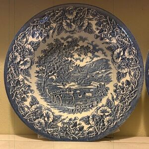 Vintage Set of Three Blue and White Plates Signed EIT England